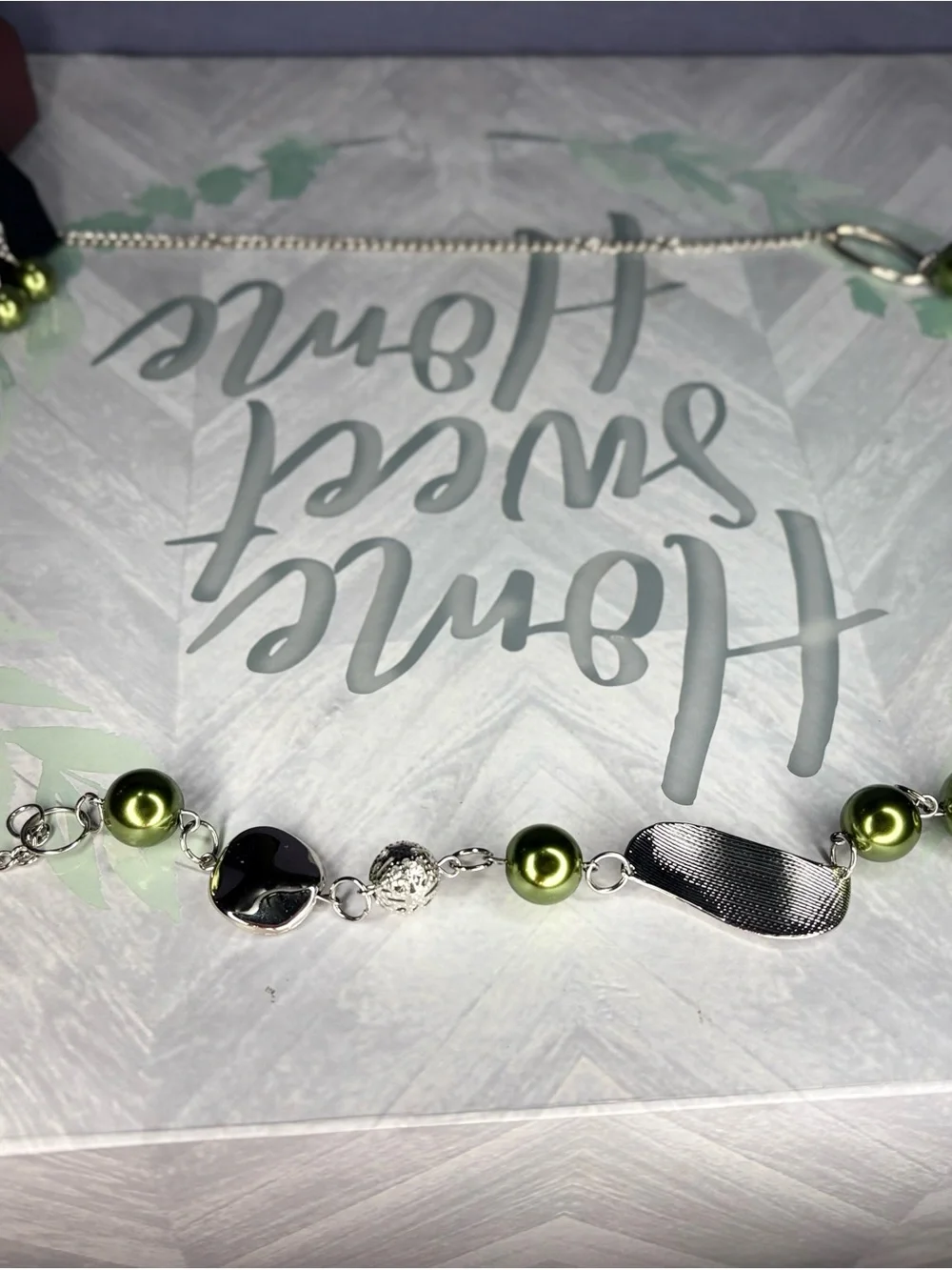 Paparazzi Green Pearl & Silver Link Statement Necklace & Earrings Set